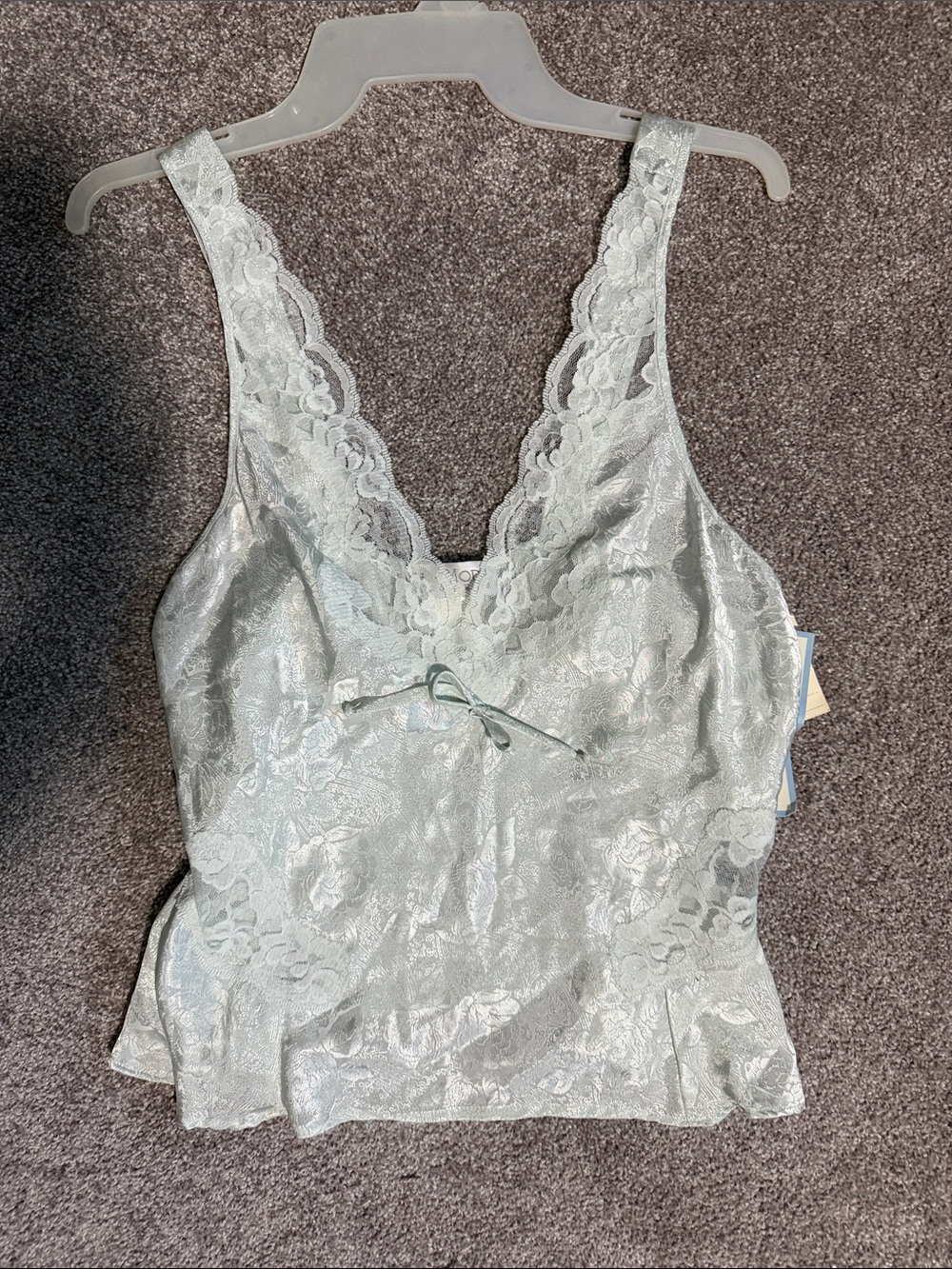 Lace Trim Satin Chemise Top in Light Silver/teal